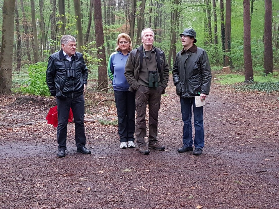 Lachwald-Begehung durch Vertreter der CDU/FDP-Fraktion: Adalbert Scherer, Sylvia Duttlinger, Thomas Hornung und Lutz Schnthal frhmorgens bei einer Vogelstimmenwanderung (Foto: Ansgar Mayr) 